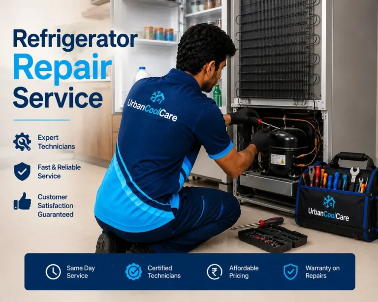 Refrigerator repair technician servicing a refrigerator